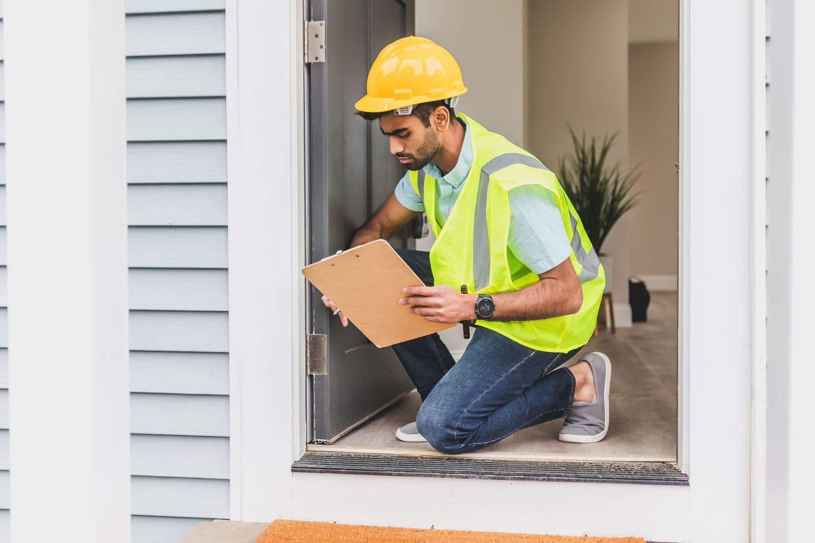 A building inspector checking the threshold of a residential house before purchase.